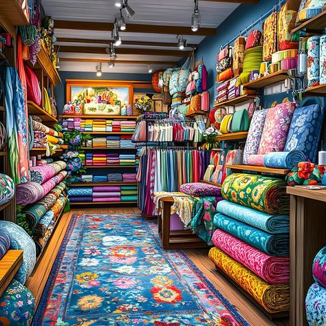 Interior of a colorful fabric store with shelves full of rolled textiles and patterned pillows