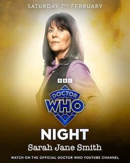 Doctor Who promotional poster featuring Sarah Jane Smith with BBC logo and 'Night' title on golden background