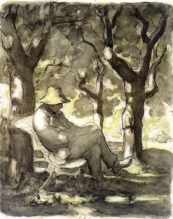Monochrome drawing of a person in a hat seated under trees