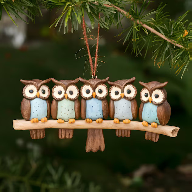 Seven owl figurines on a hanging wooden perch under evergreen branches