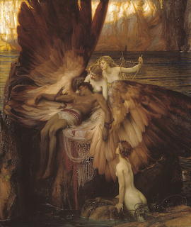 Classical painting showing winged mourners gathered around fallen Icarus by the shore