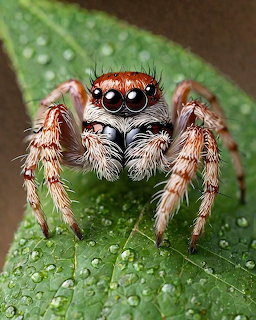 Macro photo of a jumping spider with big eyes sitting on a green leaf with water droplets