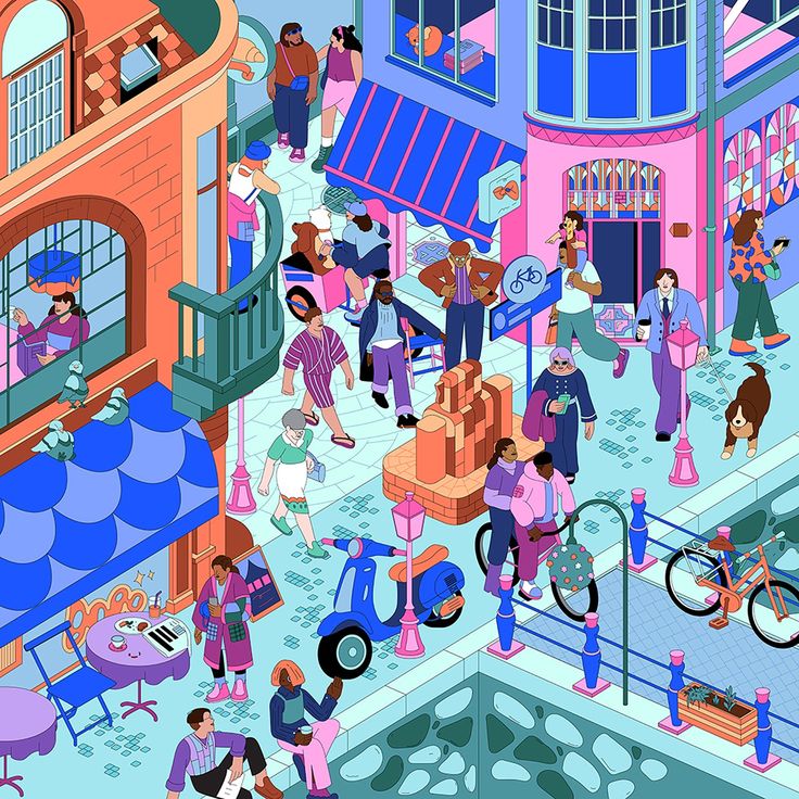 Illustrated aerial view of busy city street with people, shops, and outdoor cafes in bright colors