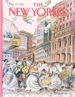 Illustrated New Yorker magazine cover showing angels on a busy NYC street with buildings and holiday decorations