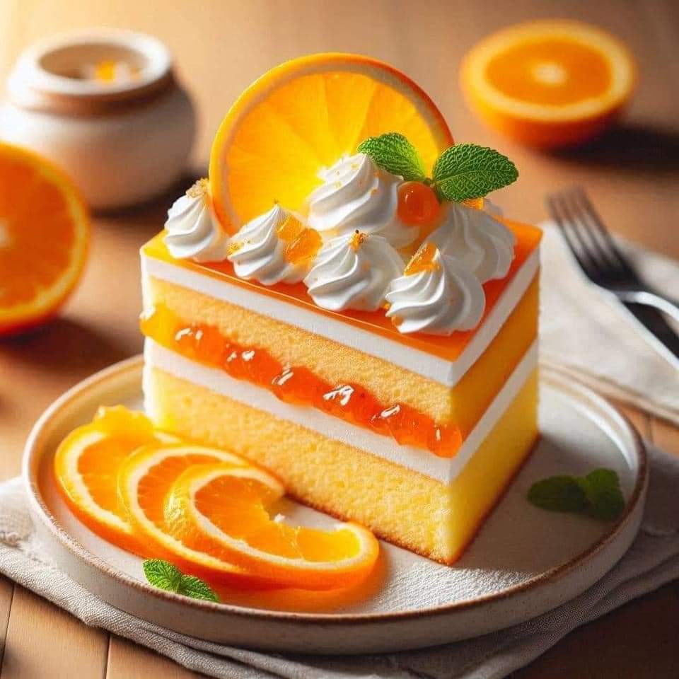 Square slice of orange cream cake with meringue topping, orange slices and mint garnish on white plate