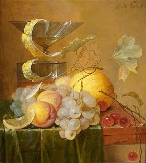Still life painting of grapes, peaches, lemons, cherries, and a silver cup on a table