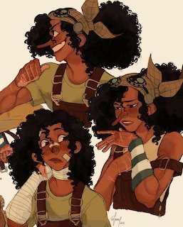 Digital fan art of Usopp from One Piece, four poses showing a curly-haired character with bandages and a headband
