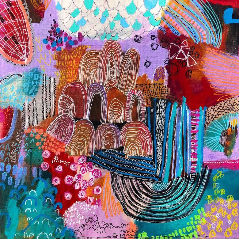 Abstract art with colorful patterns, arches, textures, and mixed media in vibrant hues