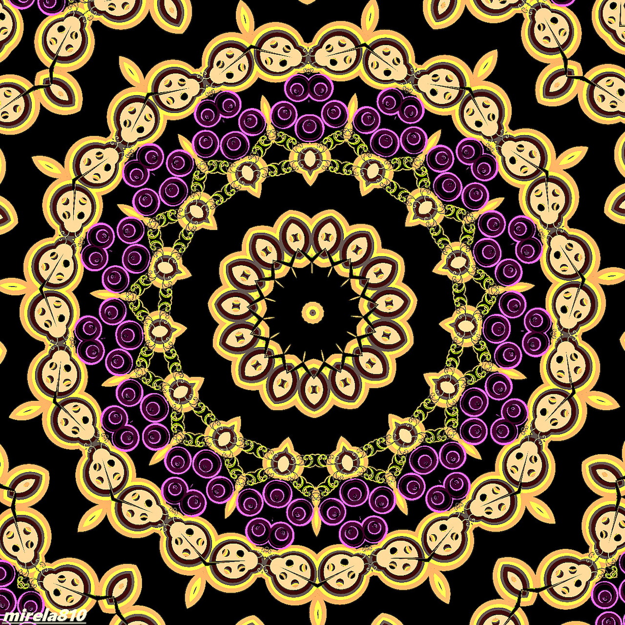 Ornate circular mandala with gold and purple geometric patterns on black background