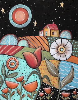 Whimsical folk art painting of a village under stars with geometric flowers and hills in warm and cool tones