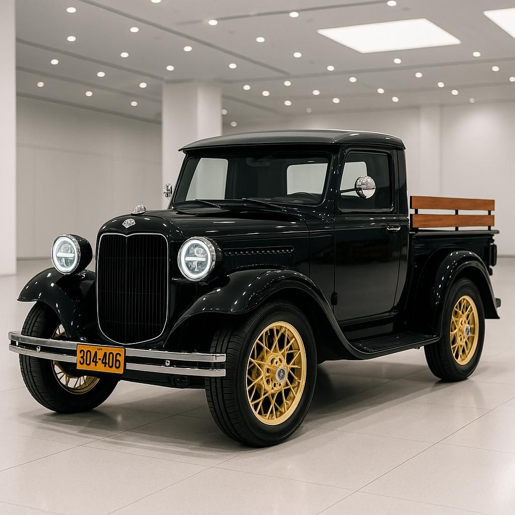 Black vintage 1930s pickup truck with gold wheels in white showroom