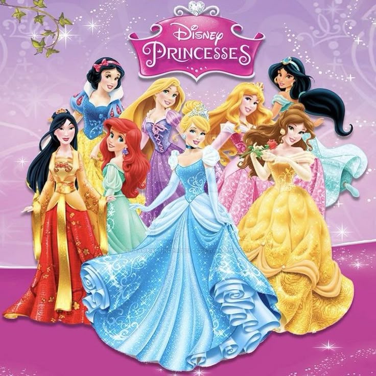 Disney princesses in elegant gowns standing together on purple sparkle background with castle