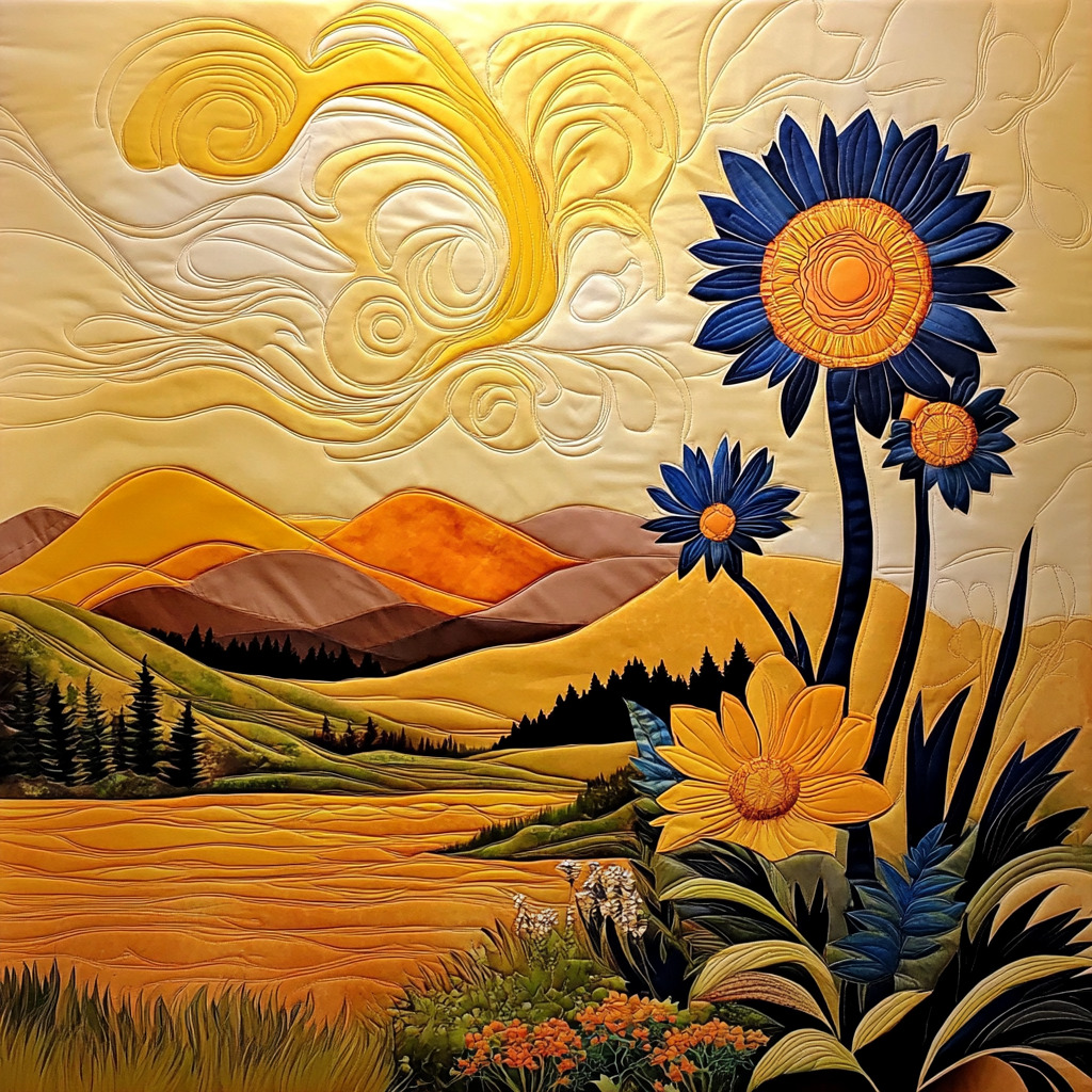 Layered paper art of sunset over mountains with blue sunflowers in quilted style