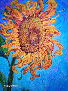 Colorful painting of a large sunflower with swirling petals against a blue sky background