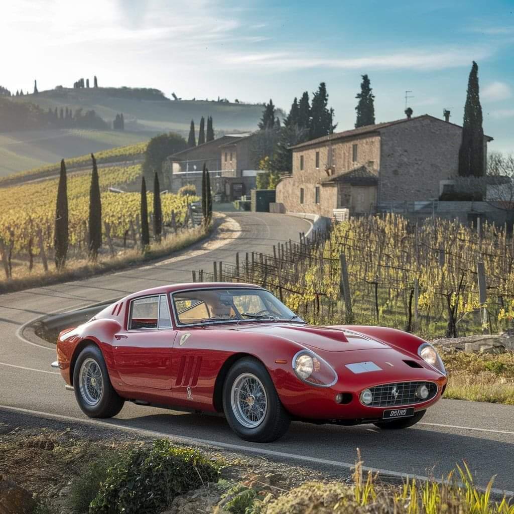 Red Ferrari GTO on a country road with vineyards and rustic houses in the background