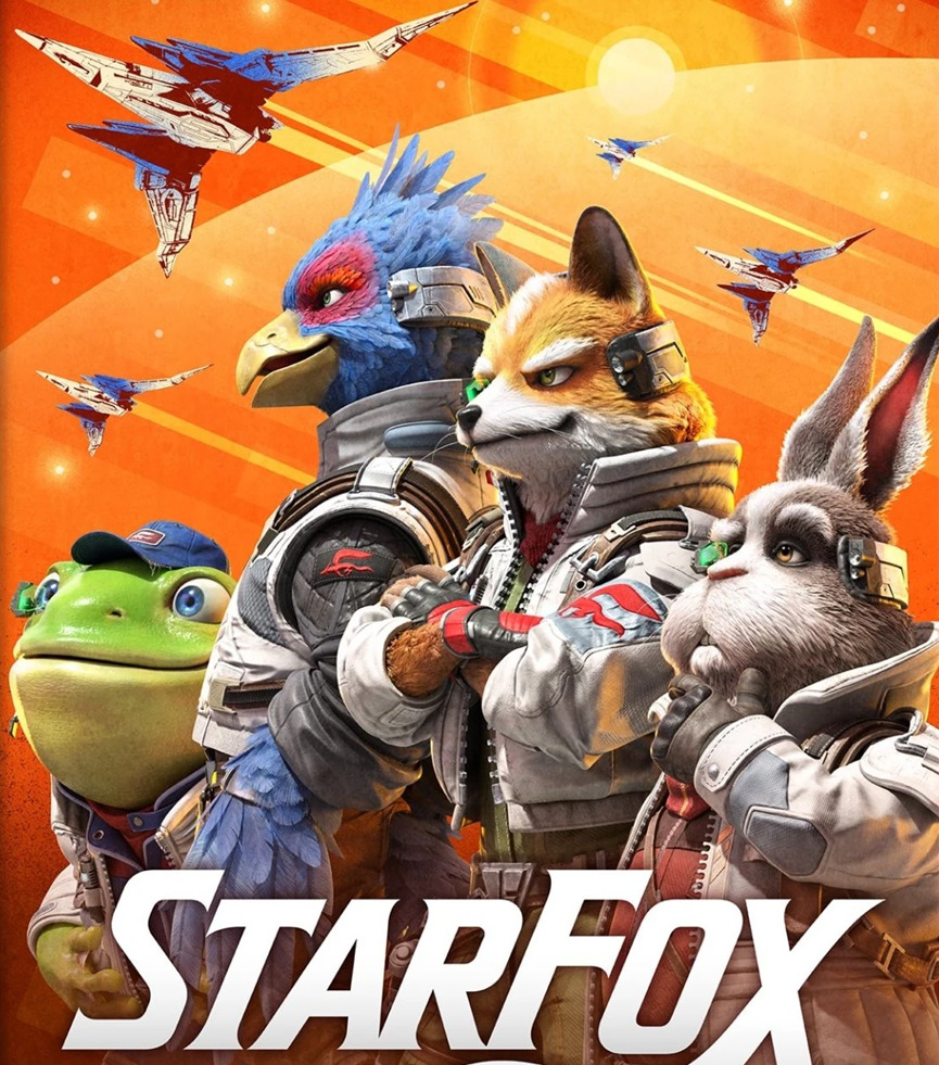 Star Fox team illustration with spacecraft in orange sky background