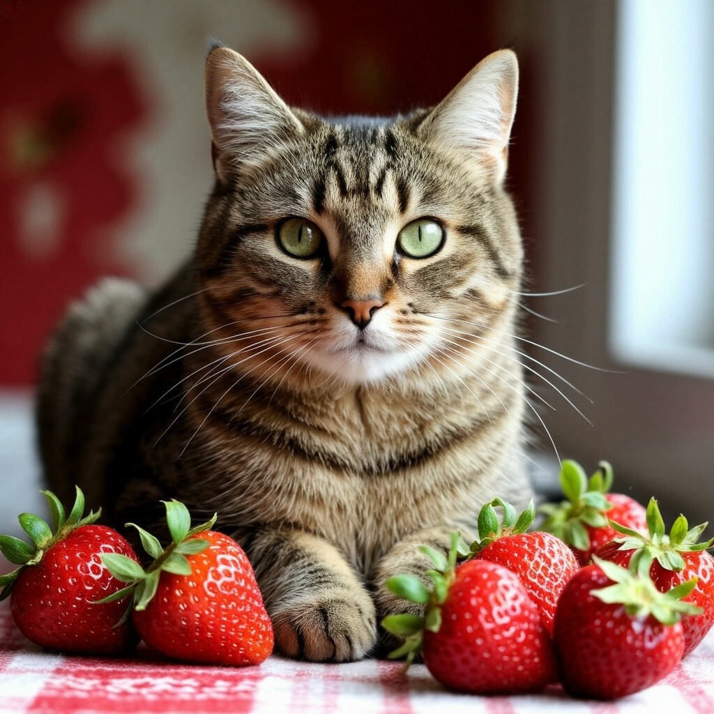 Tabby cat sitting behind several red strawberries indoors