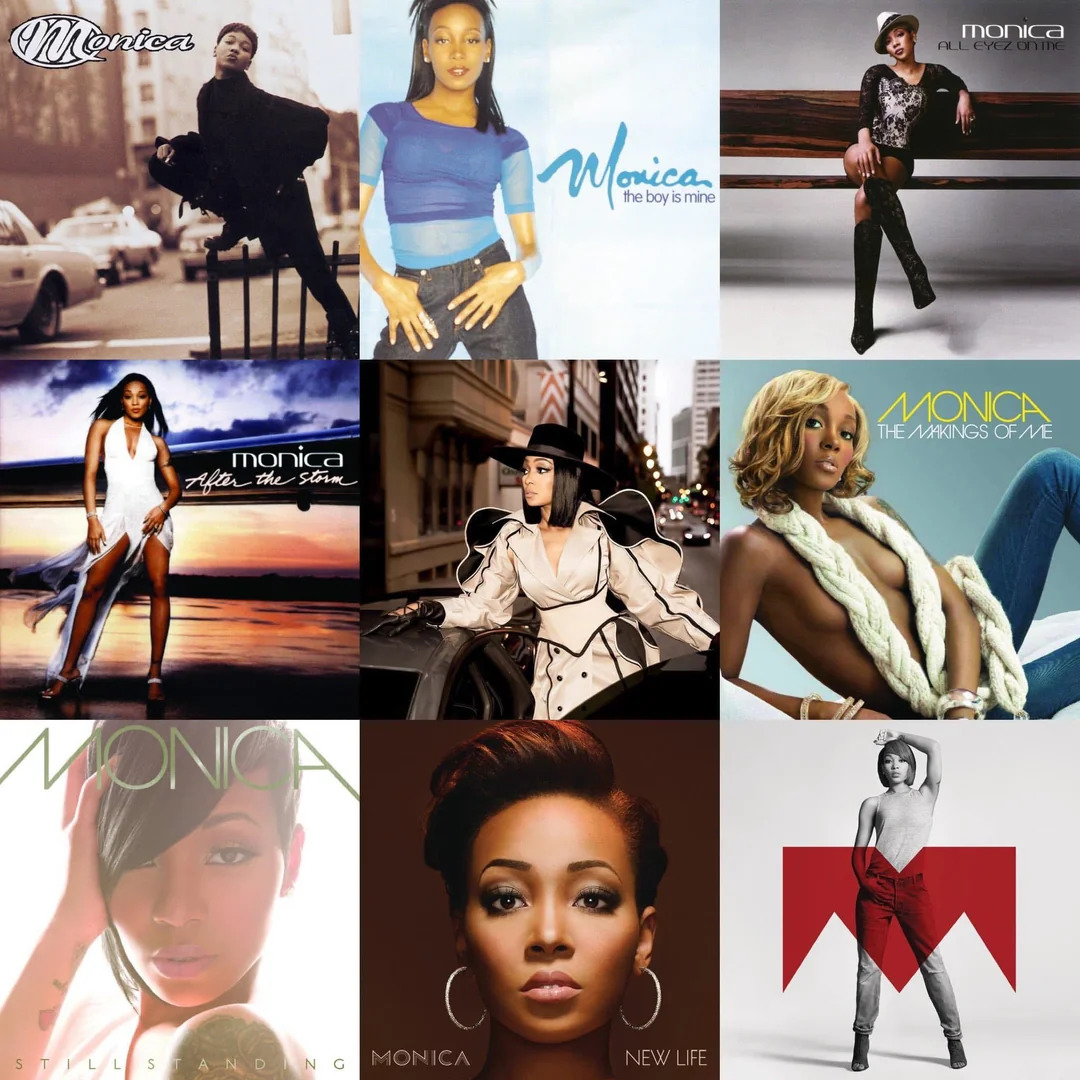 Square collage of Monica album covers arranged in a 3x3 grid