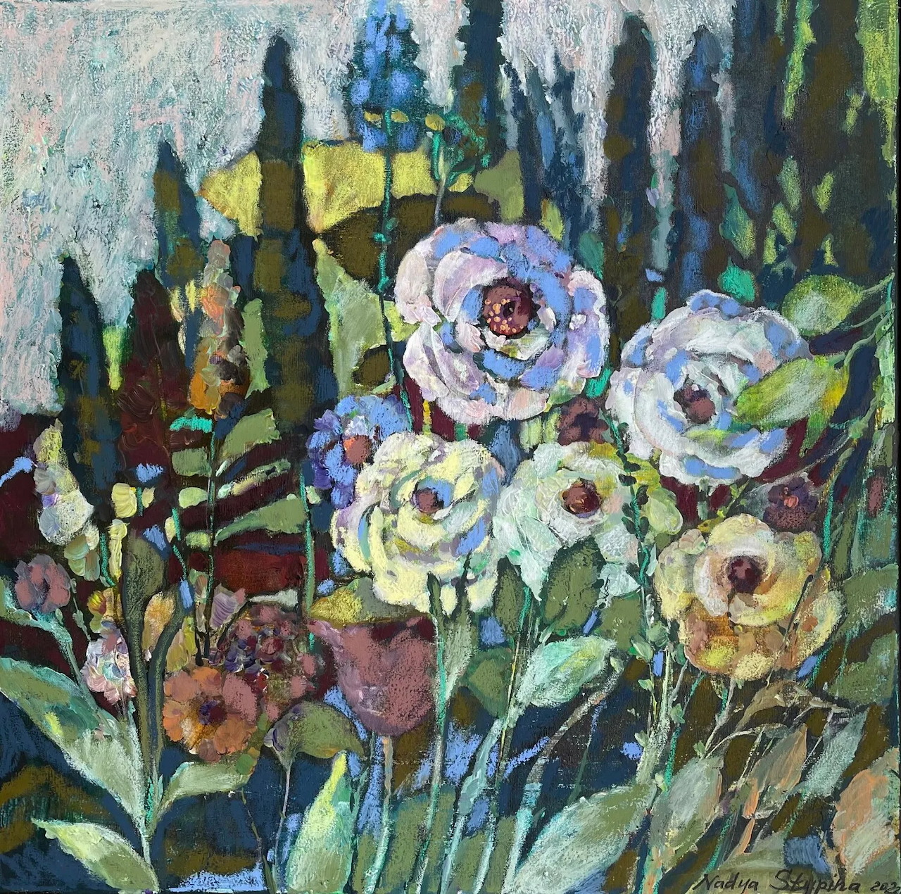 Impressionist painting showing white and yellow flowers with tall dark cypress trees in background