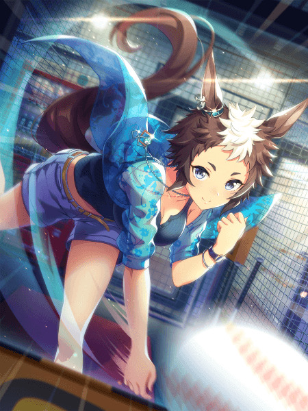 Anime horse-girl character Mejiro Ryan in blue outfit holding a baseball, SSR card art from Umamusume
