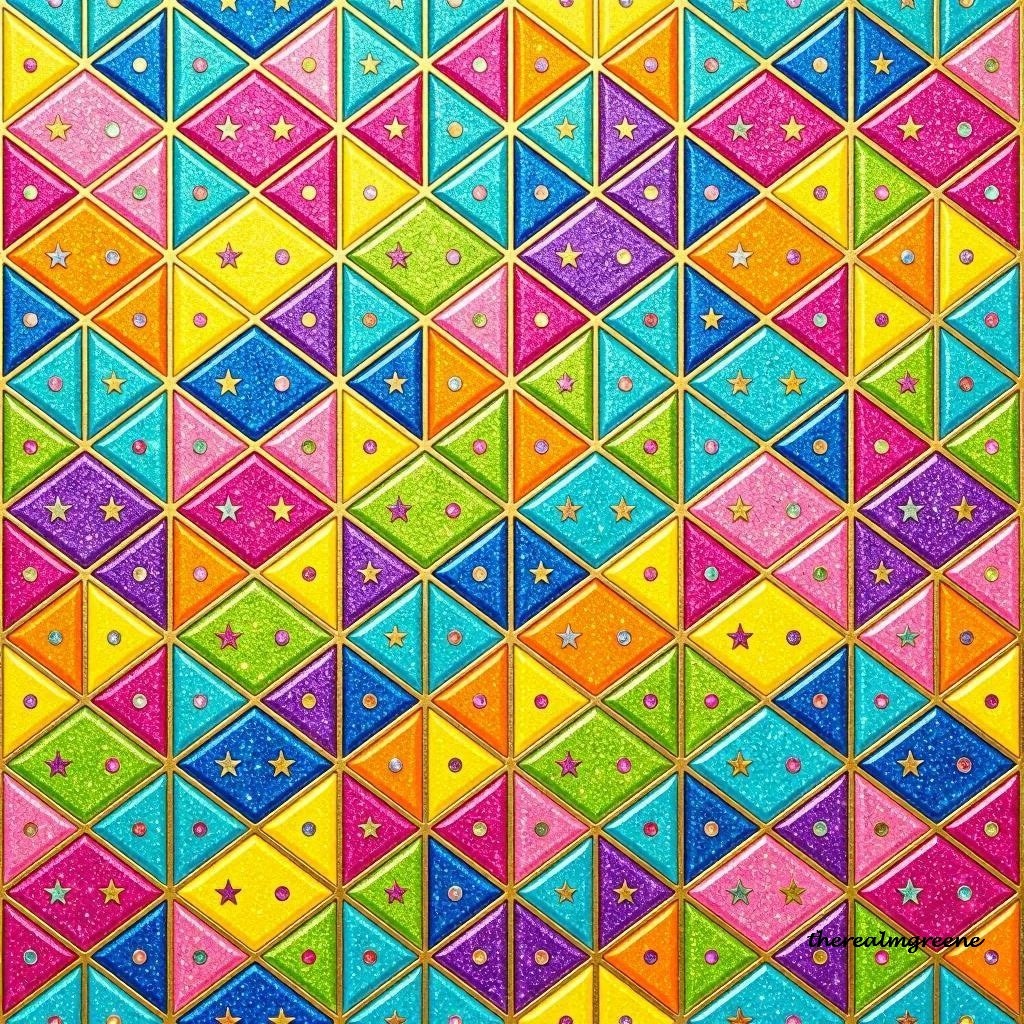 Geometric pattern of colorful triangles and diamonds with floral details in rainbow colors