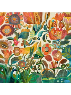 Colorful stylized birds among flowers and leaves in a whimsical illustrated garden scene.