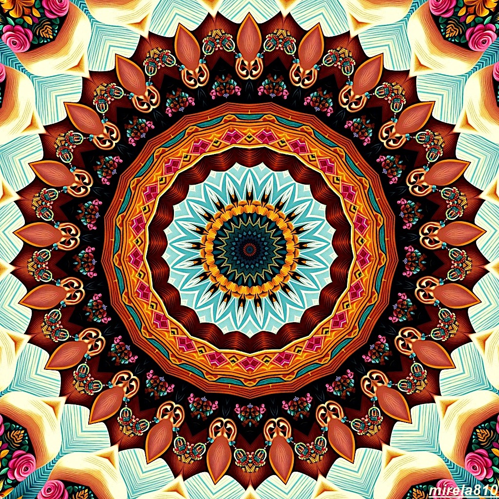 Circular mandala with symmetrical geometric patterns in turquoise, orange, red and cream colors