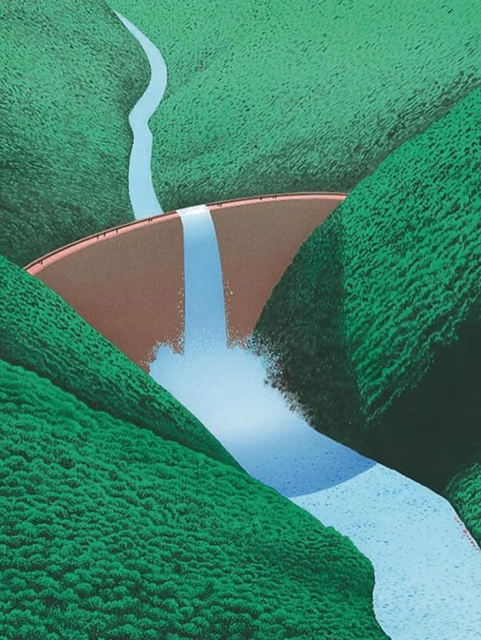 Stylized illustration of a waterfall cascading over a curved dam surrounded by green rolling hills