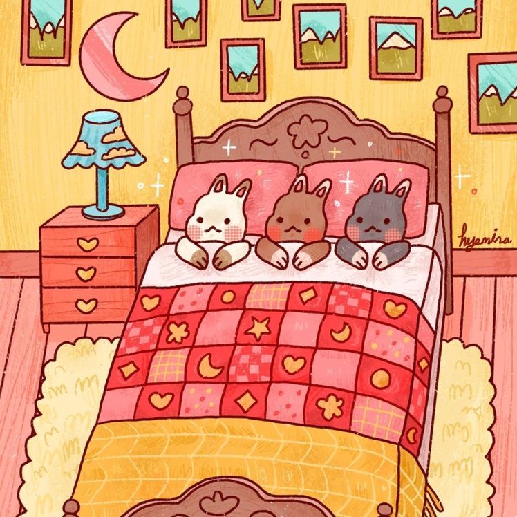 Three cartoon bunnies sleeping in bed under patchwork quilt with moon and lamp in cozy bedroom