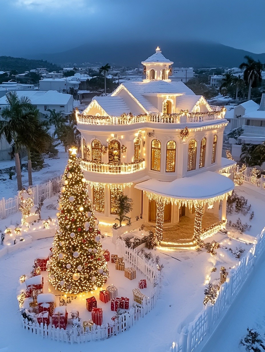 Illuminated Victorian house with Christmas decorations and large tree covered in snow at twilight