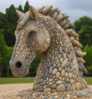 Large horse head sculpture made of arranged stones and pebbles in a park
