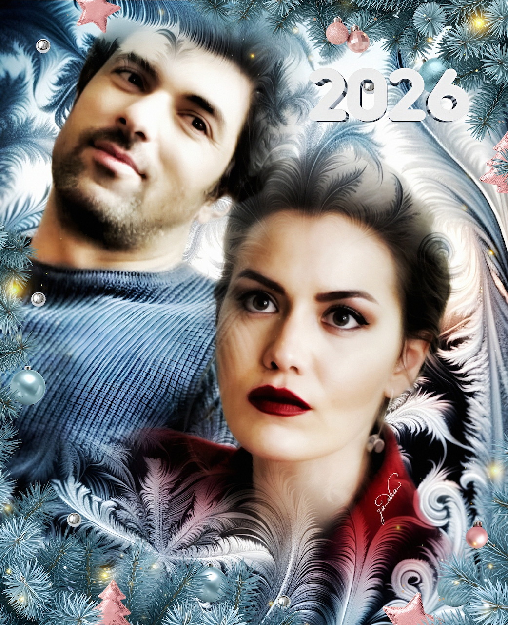 Digital portrait of a couple framed by frost and pine branches with 2026 text