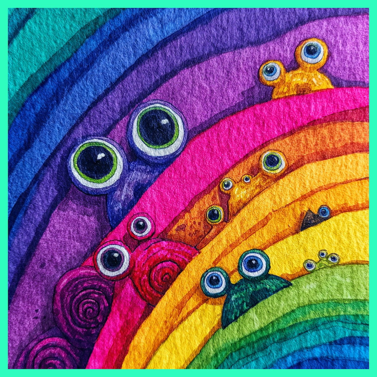 Colorful curved rainbow bands with googly eyes in textured fabric art