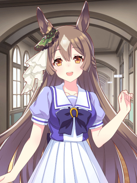 Anime girl with horse ears and long brown hair in blue sailor dress, smiling in a hallway