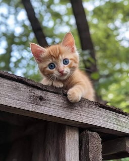 Orange taby kitten with blue eyes peeking over the edge of a wooden roof outdoors