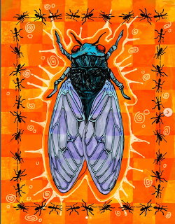 Colorful painted cicada with blue body and purple wings on orange background bordered by black ants