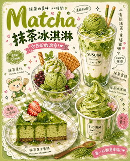 Illustrated matcha desserts poster with ice cream, cheesecake, sundae, and green tea latte in pastel colors