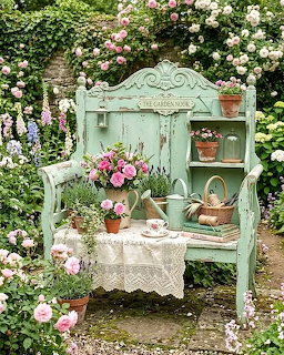 Vintage mint green garden bench with flowers, baskets, and lace in a blooming rose garden