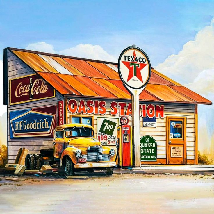 Illustration of a vintage gas station with a yellow truck and old advertising signs