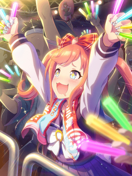 Anime horse girl with orange hair raising arms holding colorful glowsticks at a concert