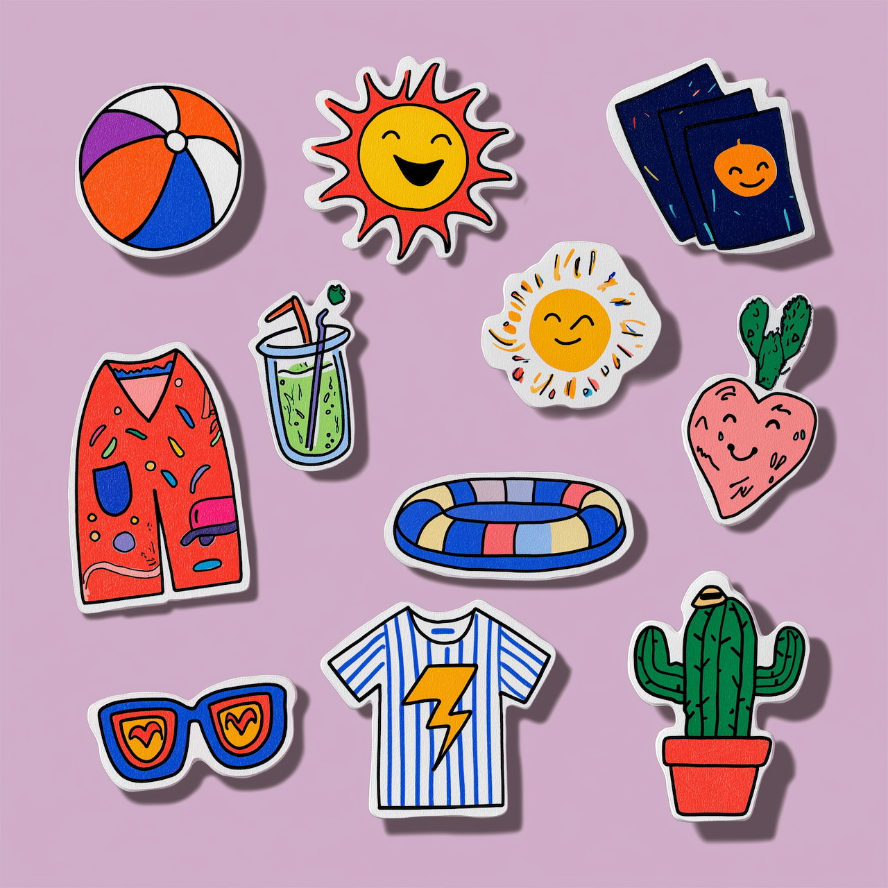 Collection of summer vacation themed sticker icons with smiling sun, beach ball, cactus, and tropical items