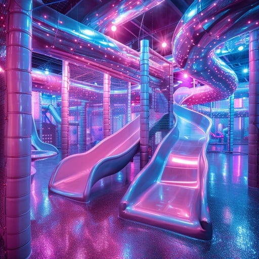 Futuristic neon-lit indoor playground with pink slides and blue geometric structures under vibrant lighting