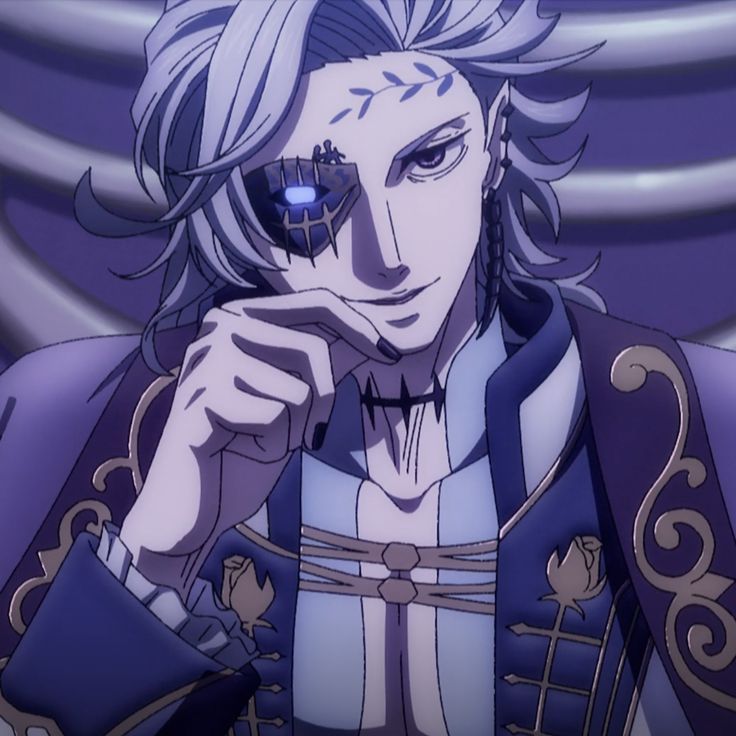 Anime-style portrait of a silver-haired man wearing ornate dark clothing and an eye piece