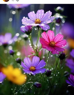 Cosmos Flowers in Rain