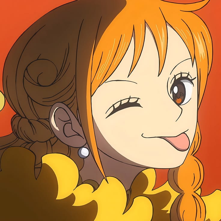 Anime character Nami with orange hair smiling, wearing brown outfit with yellow details