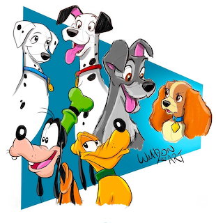 Cartoon collage of Disney dog characters including Dalmatians, Goofy, Pluto, and Lady