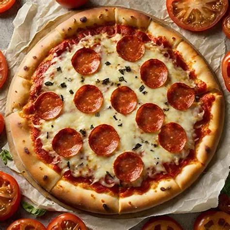 Pepperoni pizza with melted cheese surrounded by sliced fresh tomatoes