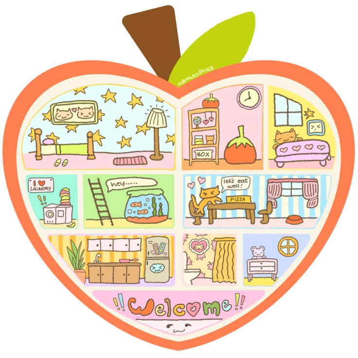 Cute illustration of cats in rooms inside an apple-shaped house with colorful furniture and decorations