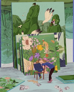 Illustration of a person at a desk surrounded by layered paintings with flowers, birds, and green scenery