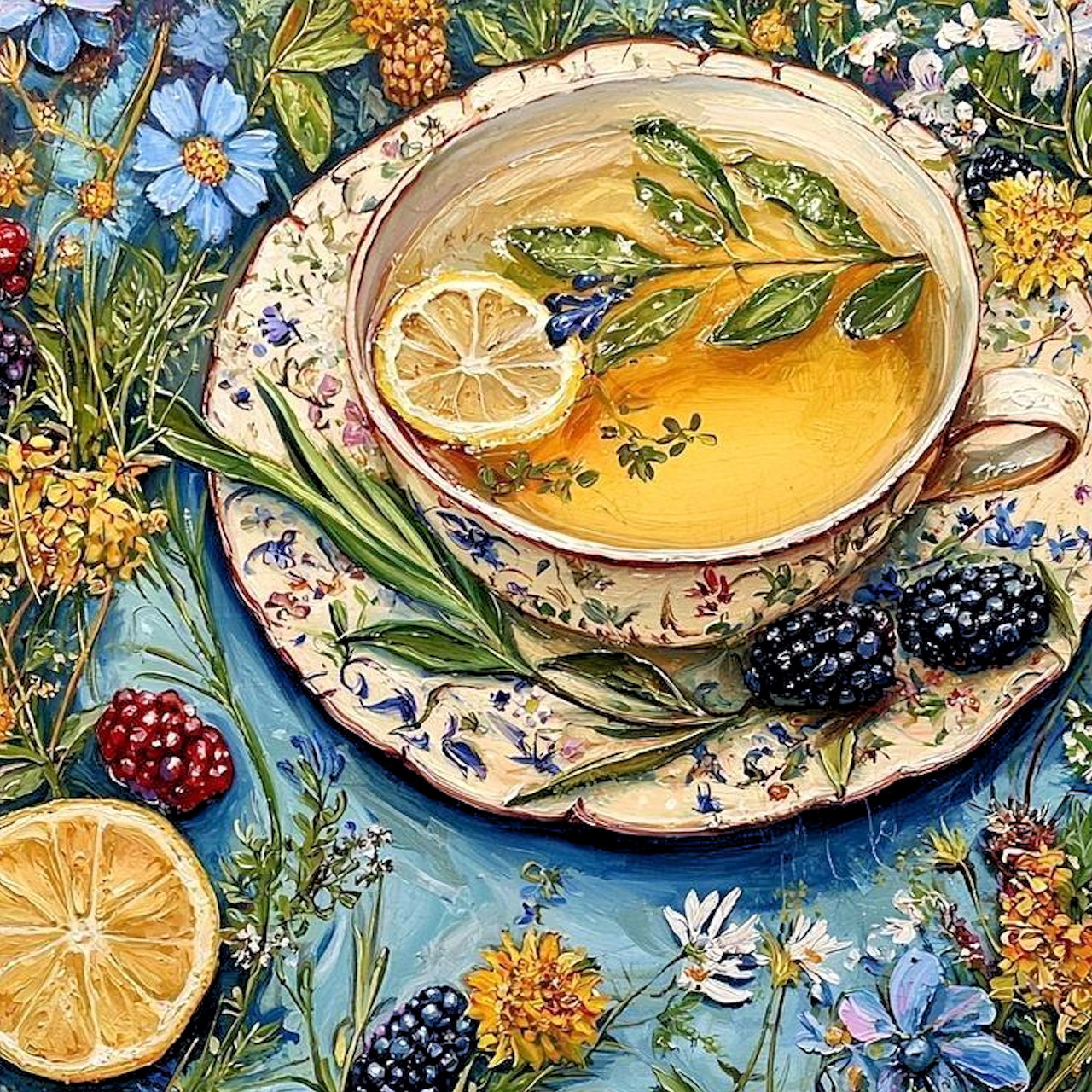 Watercolor teacup with lemon tea, berries, flowers and herbs on decorative floral saucer